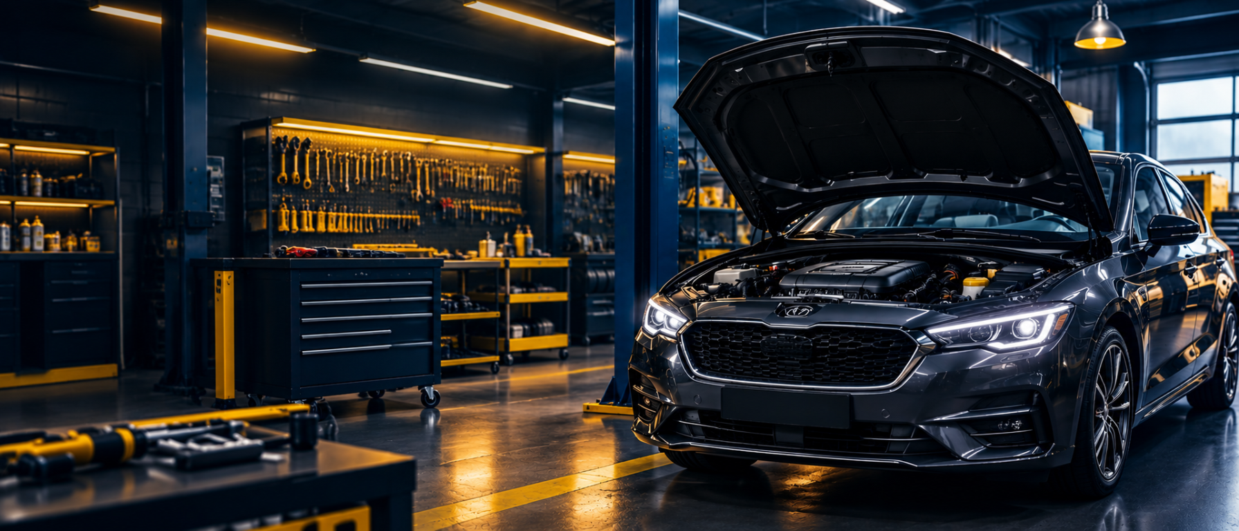 Automotive workshop with a vehicle and open bonnet